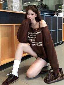 DAZY 女款不對稱肩字母印花長袖運動衫 - 咖啡棕 - 查看 9