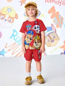 SHEIN | PAW Patrol 小男孩可愛卡通印花圓領T恤與短褲套裝 - 紅色 - 查看 4