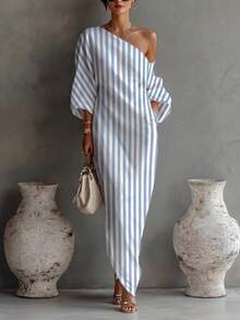 SHEIN LUNE Striped Pattern Asymmetrical Shoulder Back Slit Dress Suitable For Summer Wear - Blue and White - View 5