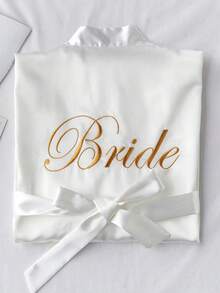 Cirelle 1pc Satin Bride Robe With Gold Embroidery - Soft Silk Kimono Bridal Robe For Women - Short White Bathrobe Loungewear For Wedding Day, Bridal Party & Getting Ready - White - View 12