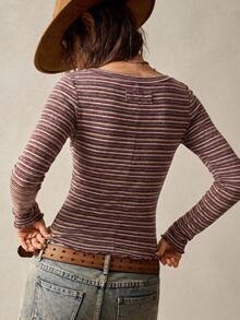 Bohemela Women's Striped Knit Long Sleeve Slim Fit T-Shirt - Burgundy - View 8