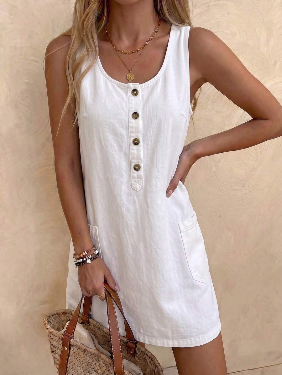 EMERY ROSE EMERY ROSE Women's Button Design Pocket Sleeveless Casual Denim Dress - White - View 1