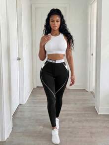 SHEIN BamGlam Letter Tape Waist Sports Set Workout Women Set Women Leggings Set - Black and White - View 5