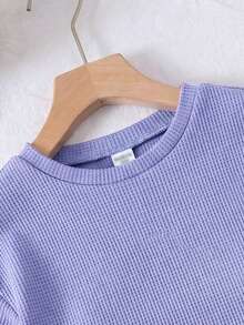 SHEIN LMoss Kids 两件套女童针织纯色圆领宽松T恤和修身短裤套装 - 紫色 - 查看 3