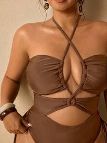Travachic Plus Size Women Solid Color Criss-Cross Halter Hollow Out One-Piece Swimsuit With Side Tie High Cut Slimming Summer Beach Swimwear Suitable For Pool Party - Brown - View 6