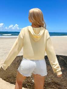SHEIN EZwear 休閒極簡淡黃色基本款短版連帽寬鬆女款運動衫，舞蹈運動衫，適合春季、夏季、初秋 - 杏色 - 查看 6