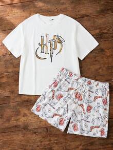 HARRY POTTER X SHEIN 大尺碼男士短袖上衣與短褲睡衣套裝 - 白色 - 查看 1