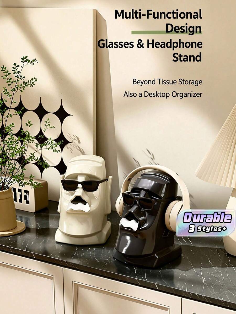 1PC Creative Vintage Stone Statue Tissue Box, Multi-Purpose Desktop Headphone & Glasses Stand, Unique Home Decor For Living Room & Bedroom, Perfect Christmas Gift & Holiday Ornament - Multicolor - View 1