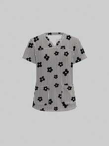 TaskEZ Scrub Set With Cute Striped Floral Print V-Neck Design, Workwear Suitable For Office Commute And Pet Hospital - Multicolor - View 3