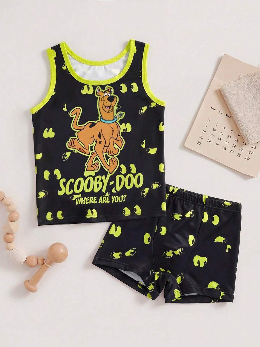 SCOOBY-DOO X SHEIN 2件/組 男童卡通印花寬鬆版型無袖背心，夏季 - 黑色 - 查看 1