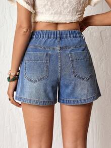 EMERY ROSE Plus Size Women's Casual Baggy Business Denim Shorts Pockets Dates Vacation Navy Blue Summer Formal - Blue - View 3