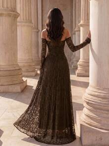 Coutiva Elegant Lady Banquet Dinner Evening Cocktail High-End Lace Off-Shoulder Dress Evening Gown Wedding Olive Green Winter - Coffee Brown - View 2