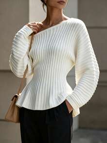 SHEIN Women's Elegant Asymmetrical Shoulder Waist-Cinching A-Line Pullover Sweater - Beige - View 6