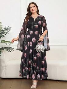 SHEIN Clasi 大尺碼優雅派對婚禮賓客晚宴正式晚禮服 黑色秋季花卉印花披肩袖洋裝 - 黑色 - 查看 1