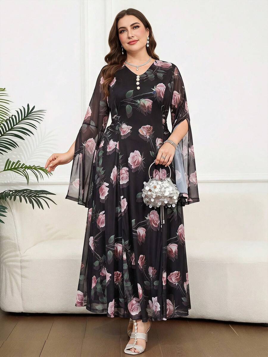 SHEIN Clasi 大尺碼優雅派對婚禮賓客晚宴正式晚禮服 黑色秋季花卉印花披肩袖洋裝 - 黑色 - 查看 1