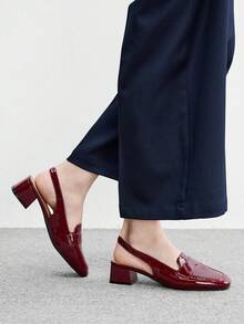 CUCCOO BIZCHIC 女款方跟酒紅鏡面時尚簡約高跟鞋 後扣帶款 度假穿搭 百搭舒適 通勤穿著 老錢風女鞋 - 酒紅色1 - 查看 3