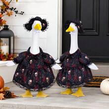 Halloween Gothic White Goose Figure With Skull & Rose Dress Lace Hat - Spooky Outdoor Garden Decoration - A - View 9