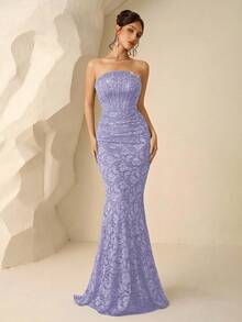Coutiva Women's Faux Pearl Decor Ruched Waist Elegant Banquet Dress - Dark Purple - View 8