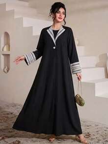 SHEIN Najma Women's Elegant Embroidered Patchwork Abaya - Black - View 9