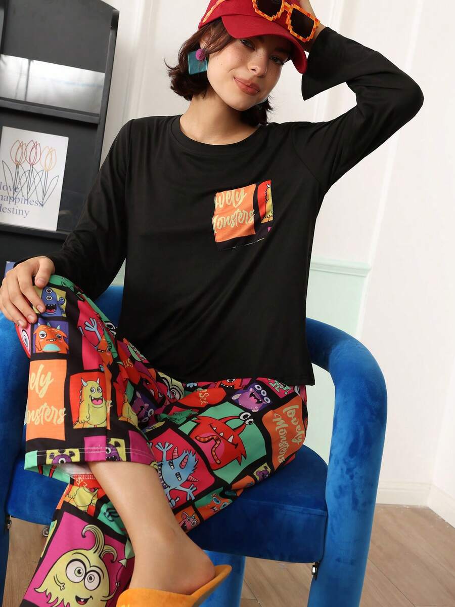Chillnights Young Cartoon Colorblock Crew Neck Pullover Women's Pajama Set - Multicolor - View 1