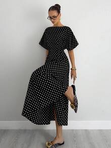 Siren Gaze Gaun Panjang Wanita Elegan Motif Polkadot untuk Perjalanan Sehari-hari - Hitam - View 4