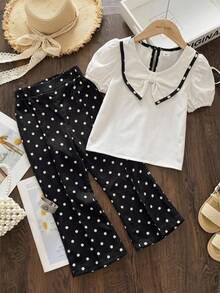 SHEIN Elladie kids Conjunto de 2 piezas para niñas jóvenes, camisa blanca vintage casual con lunares negros y blancos, cuello con lazo, mangas abullonadas y ribete de contraste, pantalones acampanados, outfit casual vintage Y2K para volver a la escuela - Azul y blanco - Ver 4