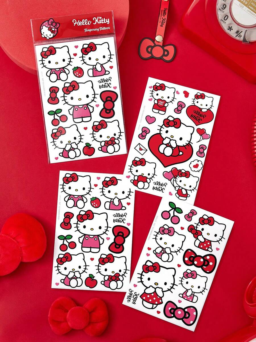 HELLO KITTY AND FRIENDS | SHEIN 3件裝可愛白色貓咪配紅色蝴蝶結臨時紋身貼,卡通主題防水身體藝術貼紙,適合成人 - 彩色 - 查看 1