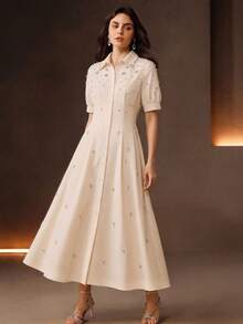 Anewsta Summer New Style Lapel Bead & Rhinestone Decor Waist-Defining Fashion Casual Versatile Shirt Dress - Beige - View 5
