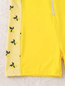 Tween Girl Patchwork Striped Raglan Sleeve One-Piece Swimsuit Yellow Short Sleeve Swimwear Sun Protection Conservative Cute Style Bowknot Beach Summer - Yellow - View 5