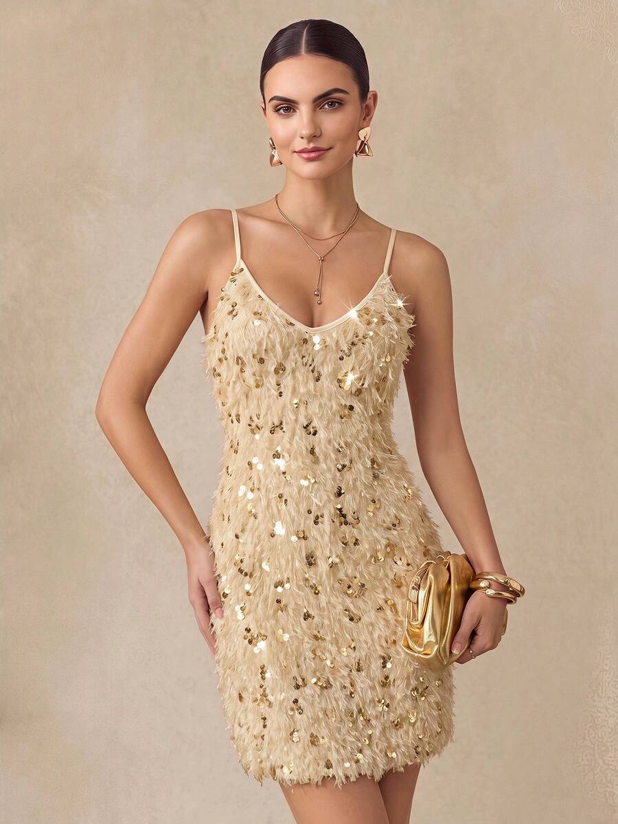 SHEIN Women's Solid Color Sequin Patchwork Party Elegant Slip Dress - Apricot - View 1
