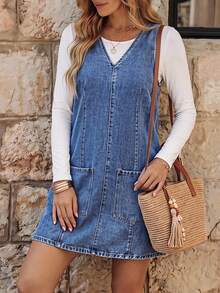 SHEIN LUNE Women's V-Neck Sleeveless Pocket Simple Casual Short Denim Dress - Blue - View 1