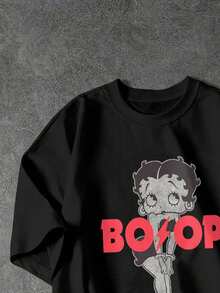 Betty Boop x SHEIN SHEIN EZwear 休閒極簡卡通圖案圓領短袖寬鬆女款T恤，適合夏季 - 黑色 - 查看 4