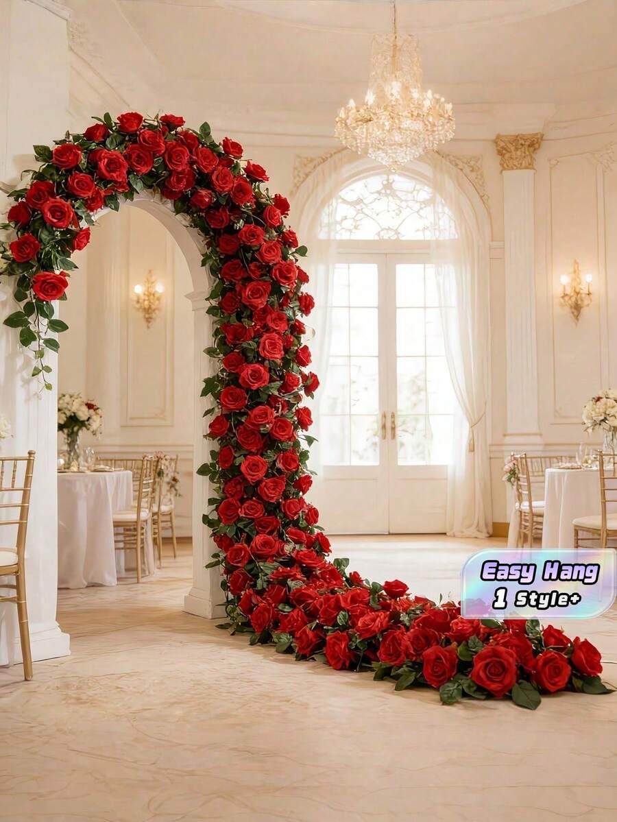 6入組超長人造紅玫瑰藤蔓絲綢吊掛花串,婚禮拱門樓梯背景中心裝飾,戶外花園居家裝飾,母親節春夏派對必備裝飾 - 彩色 - 查看 1
