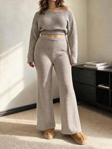 Vibekara Plus Size Sexy Casual Traditional White Long Sleeve Asymmetrical Shoulder Pullover Straight Leg Pants Sweater Set Autumn Formal Home Wear - Multicolor - View 3