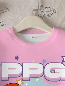 THE POWERPUFF GIRLS X SHEIN 青少年女孩卡通印花圓領抓絨運動衫 - 白色 - 查看 3