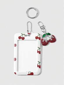 ROMWE Kawaii 1款時尚氣質甜美紅色亮鑽蝴蝶結櫻桃印花櫻桃卡套DIY鑰匙圈包包吊飾，適合女生，節日禮物 - 紅色-17 - 查看 9