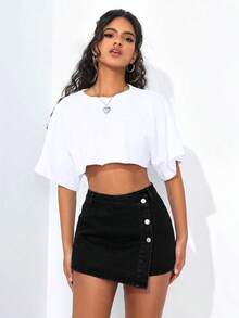 SHEIN PETITE 女款不對稱下擺休閒牛仔裙褲，鈕扣設計 - 黑色 - 查看 3