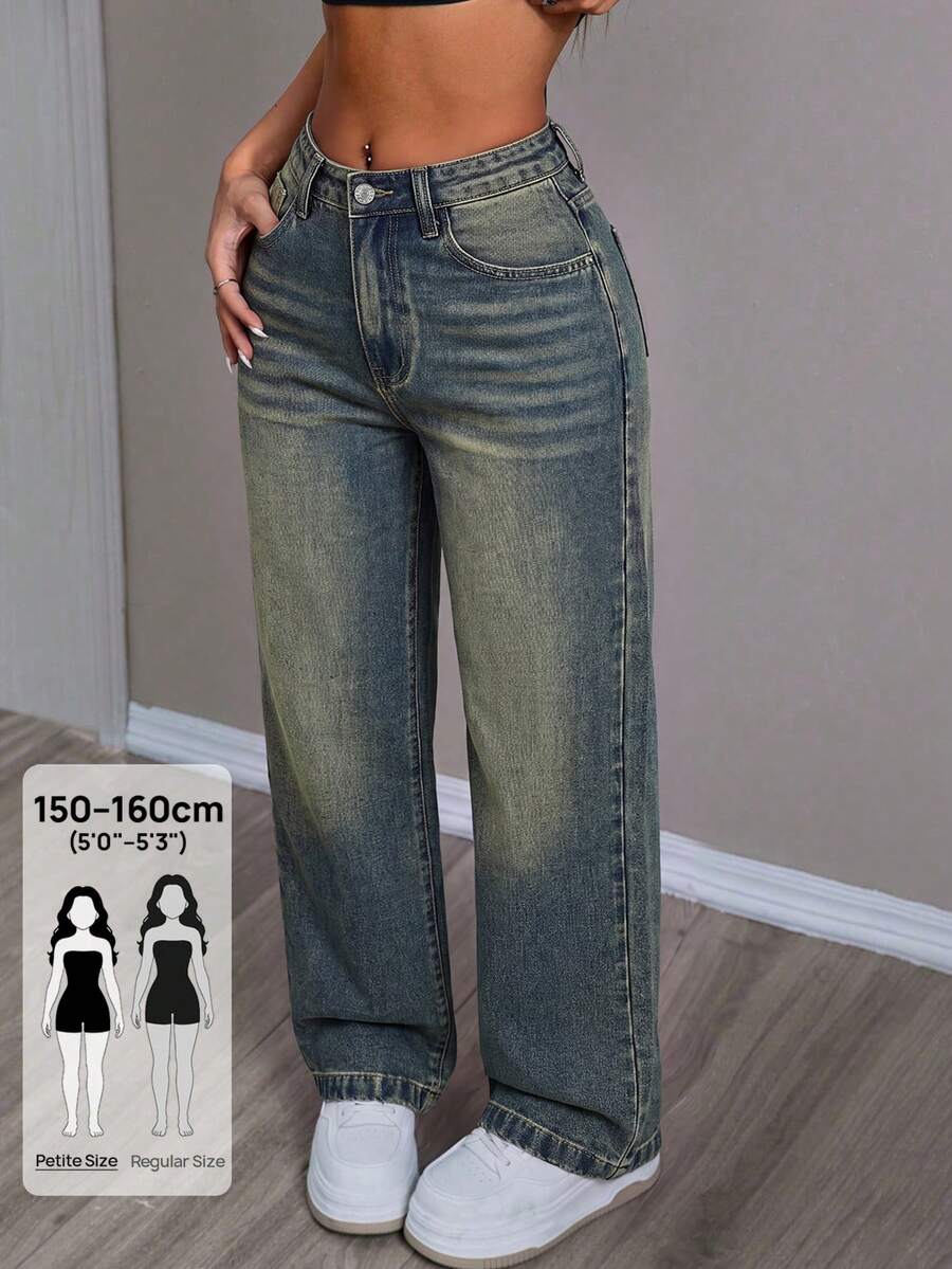 SHEIN PETITE 時尚百搭鈕扣口袋休閒牛仔褲 - 中等水洗藍 - 查看 1