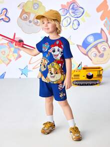 SHEIN | PAW Patrol 卡通印花圆领短袖T恤和短裤休闲套装，适合小男孩 - 藏蓝色 - 查看 6