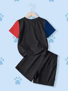 SHEIN | PAW Patrol 2件組小男孩配色拼接卡通印花圓領短袖T恤與短褲套裝 - 白色 - 查看 2