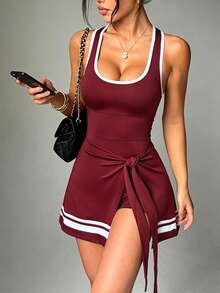 StreetHx Spring/Summer Women's Athletic Dress, Black Fitted 2 In 1 With Contrast Color Trim, Contrast Stripe Patchwork, Tie Design, Side Slit, Fashionable And Sexy, With Built-In Liner And Pockets, Suitable For Casual Wear, Running, Yoga, Gym, Tennis, Golf - Burgundy - View 5