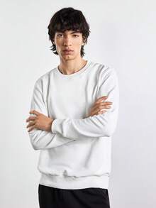 Merionis Men's Solid Color Minimalist Versatile Crew Neck Long Sleeve Pullover Sweatshirt - White - View 7