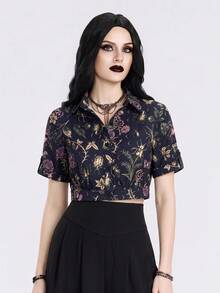 Breakform Gothic Goth Halloween Black Retro Print Blouse Snake Pattern Floral Flower Cool Girl Women's Romantic Nightout Summer - Multicolor - View 4