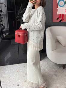 Mulvari 女款波點拼接流蘇長袖寬鬆版型秋冬毛衣兩件套 白色 外出穿搭 - 白色 - 查看 4