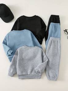 SHEIN 6件組嬰兒男孩女孩可愛秋冬休閒百搭純色字母圖案長袖運動衫運動褲套裝基礎款多件組 - 彩色 - 查看 2