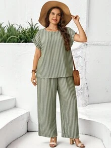 EMERY ROSE Conjunto de 2 piezas talla grande: Blusa de manga con hombros y puños con volantes, espalda con gota de agua, cuello redondo y pantalones de cintura elástica con cordón, negro, bohemio casual para primavera/verano - Multicolor - Ver 5