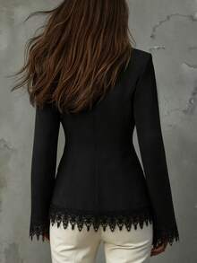 LUMIGAL Women's Black Lace Patchwork Bell Sleeve Long Sleeve Jacket - Black - View 2