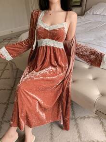 DAZY Conjunto de Camisola e Vestido Camisete de Veludo Doce com Renda e Patchwork para Outono/Inverno, Roupa de Dormir Feminina - Rosa chiclete - Visão 9