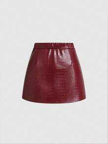 Sweetra Plus Size Ruched PU Leather Mini Skirt, A-Line Bodycon Slimming Skirt For Women Fall - Burgundy - View 2