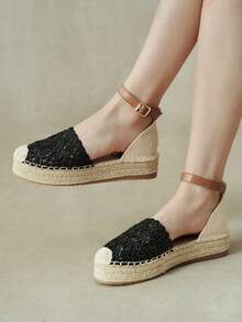 Styleloop Ladies Retro Black Vacation Style Hollow Woven Pull-Up Belt Hemp Rope Platform Shoes - Black - View 2
